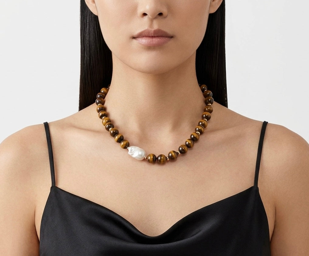Tiger Eye Beads and Baroque Pearl Necklace