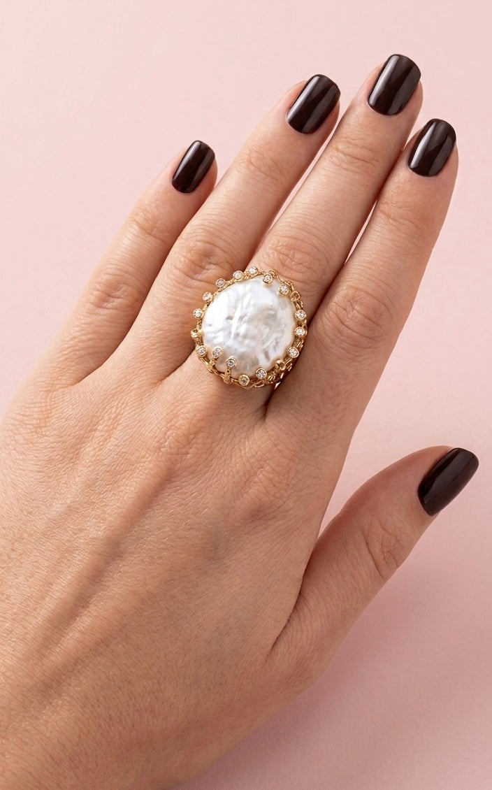 Chunky Pearl Zircon Ring