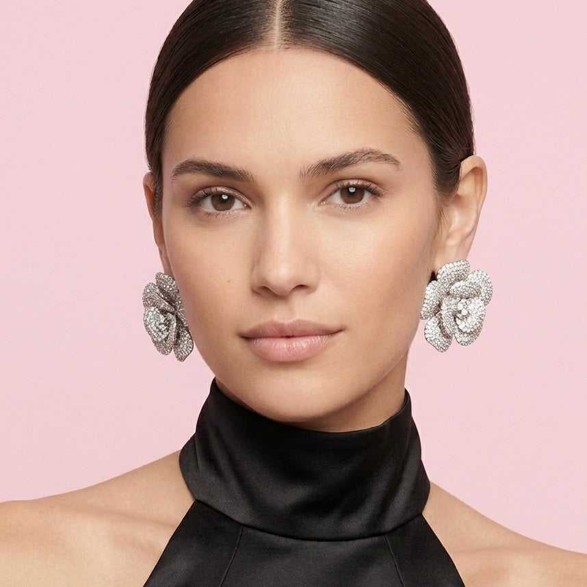 Rhinestone Rose Flower Stud Earrings