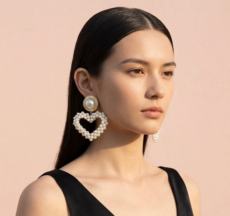 Pearls Heart Pendant Dangle Earrings