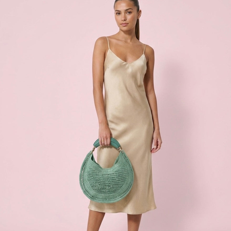 Leather Handle Crochet Hobo Bag
