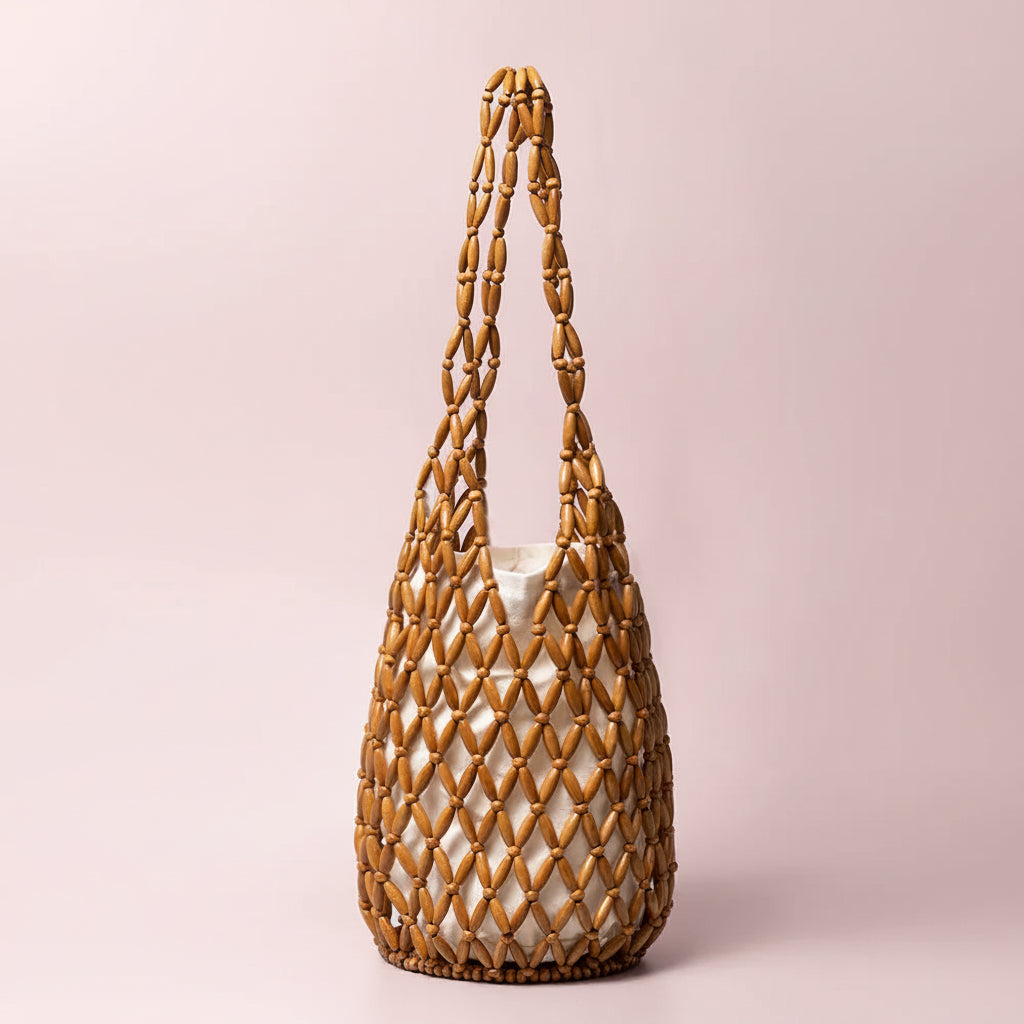 Wooden Beaded Tote Bucket Shoulder Bag