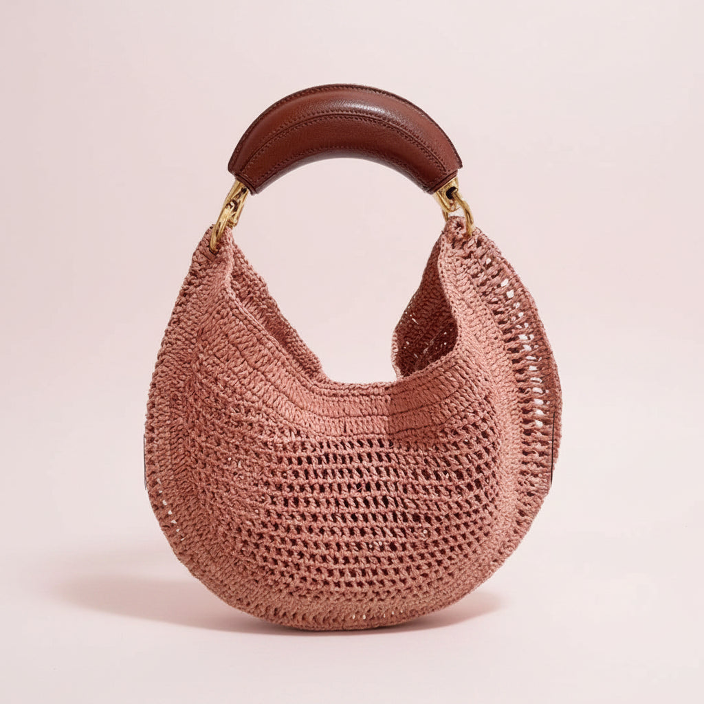 Leather Handle Crochet Hobo Bag