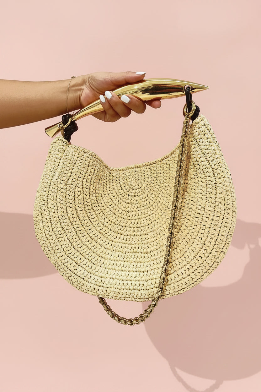 Sculptural Fish Handle Straw Woven Bag