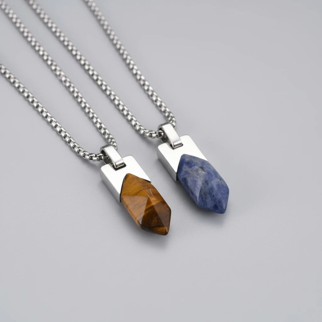 Natural Tiger Eye & Lapis Lazuli Stone Pendant Necklace