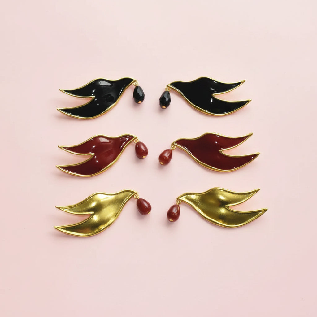 Enameled Bird Charms Dangle Earrings