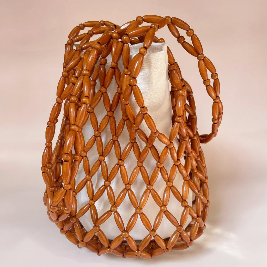 Wooden Beaded Tote Bucket Shoulder Bag