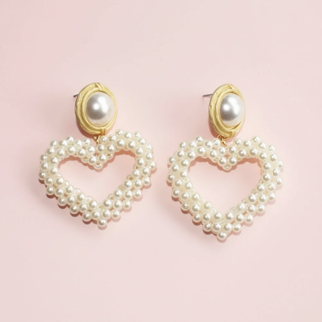 Pearls Heart Pendant Dangle Earrings