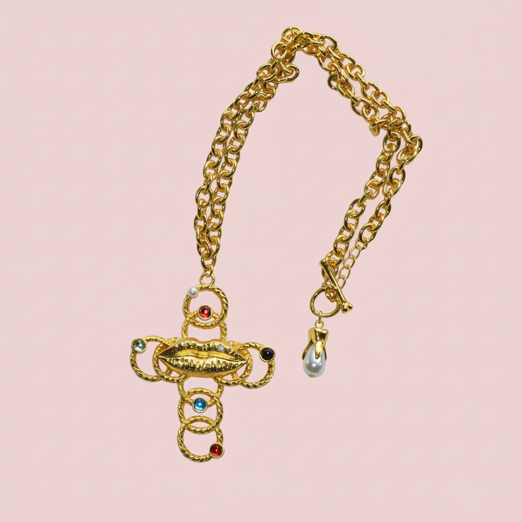 Lips Crystal Cross Necklace