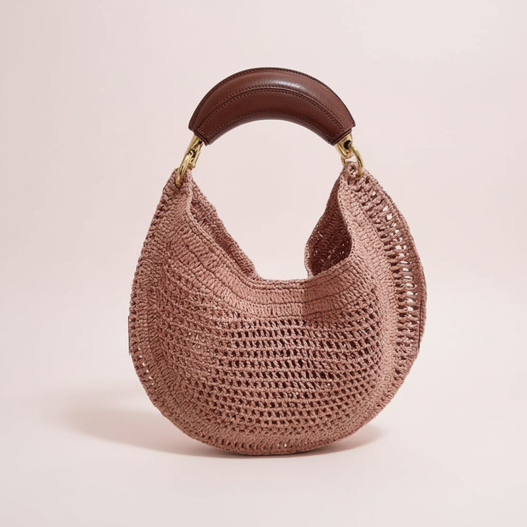 Leather Handle Crochet Hobo Bag