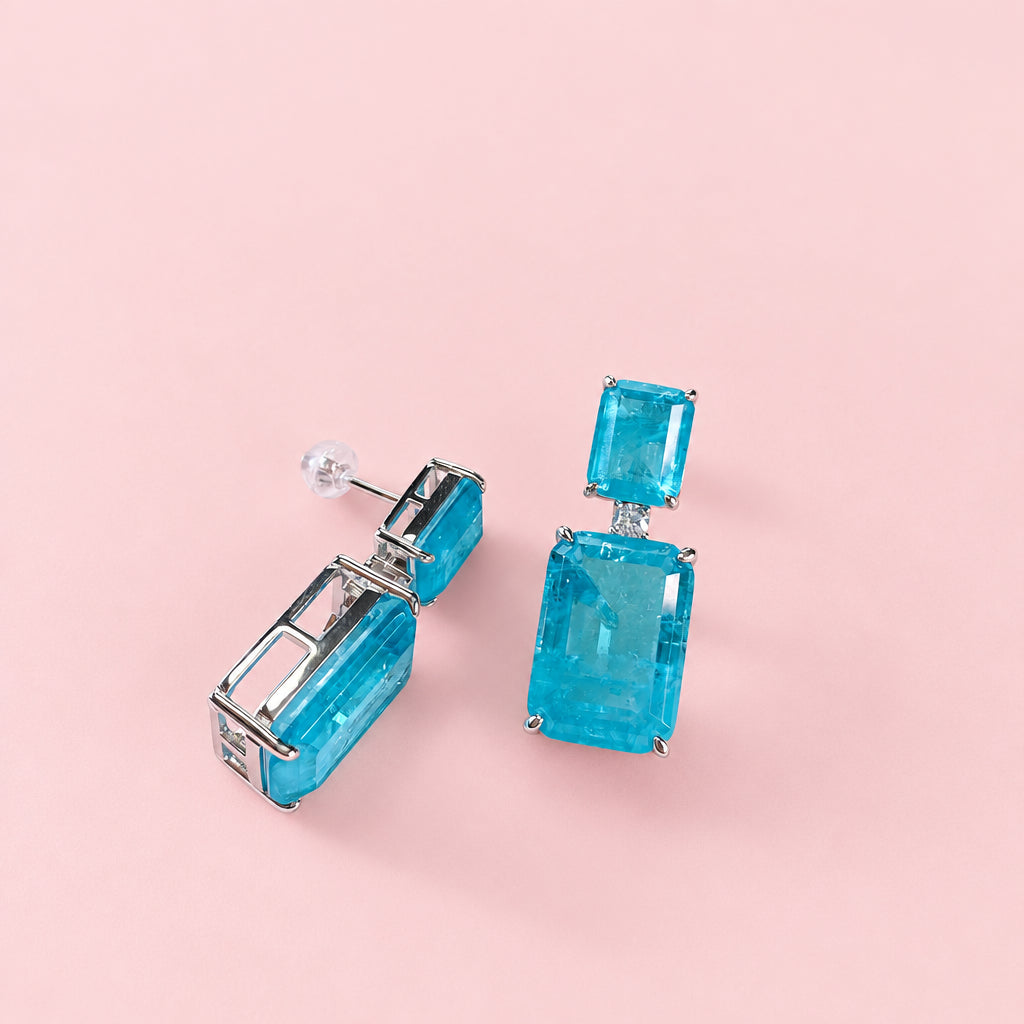Lab Tourmaline Blue Square Earrings