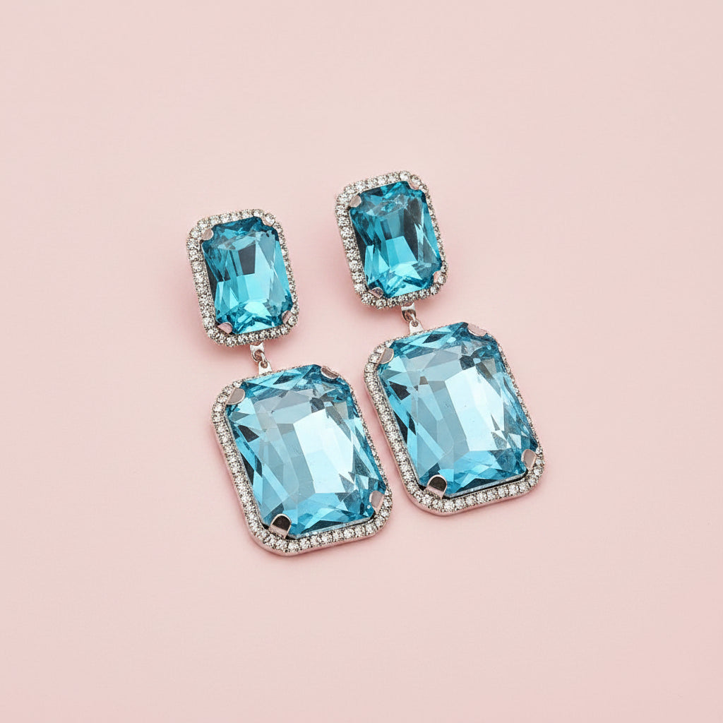 Blue Cube Rhinestone Earrings