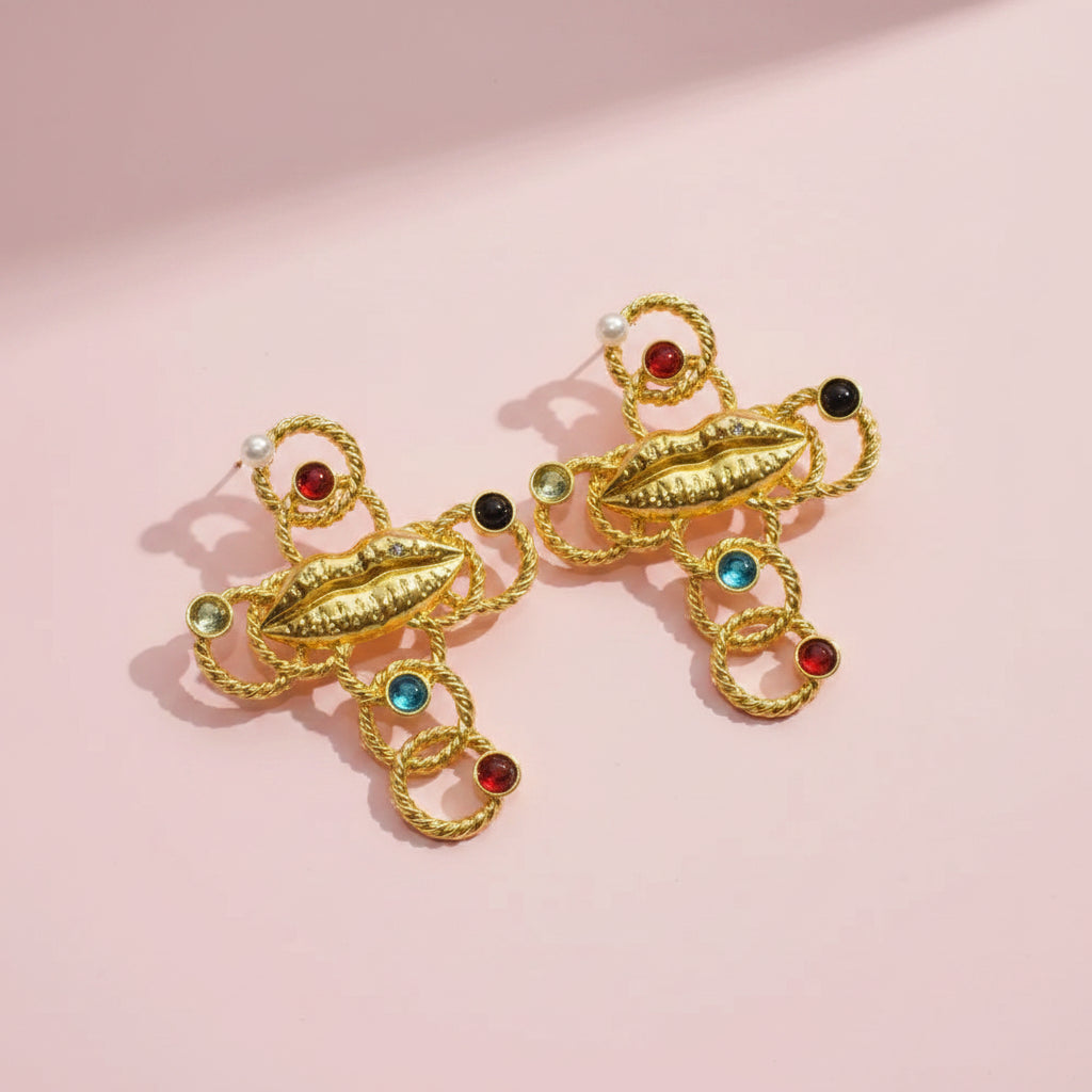 Lips Crystal Cross Earrings