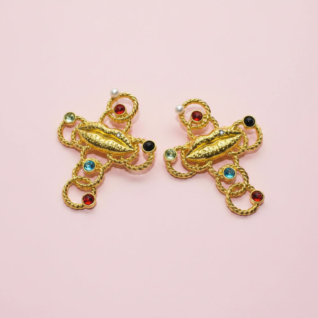Lips Crystal Cross Earrings