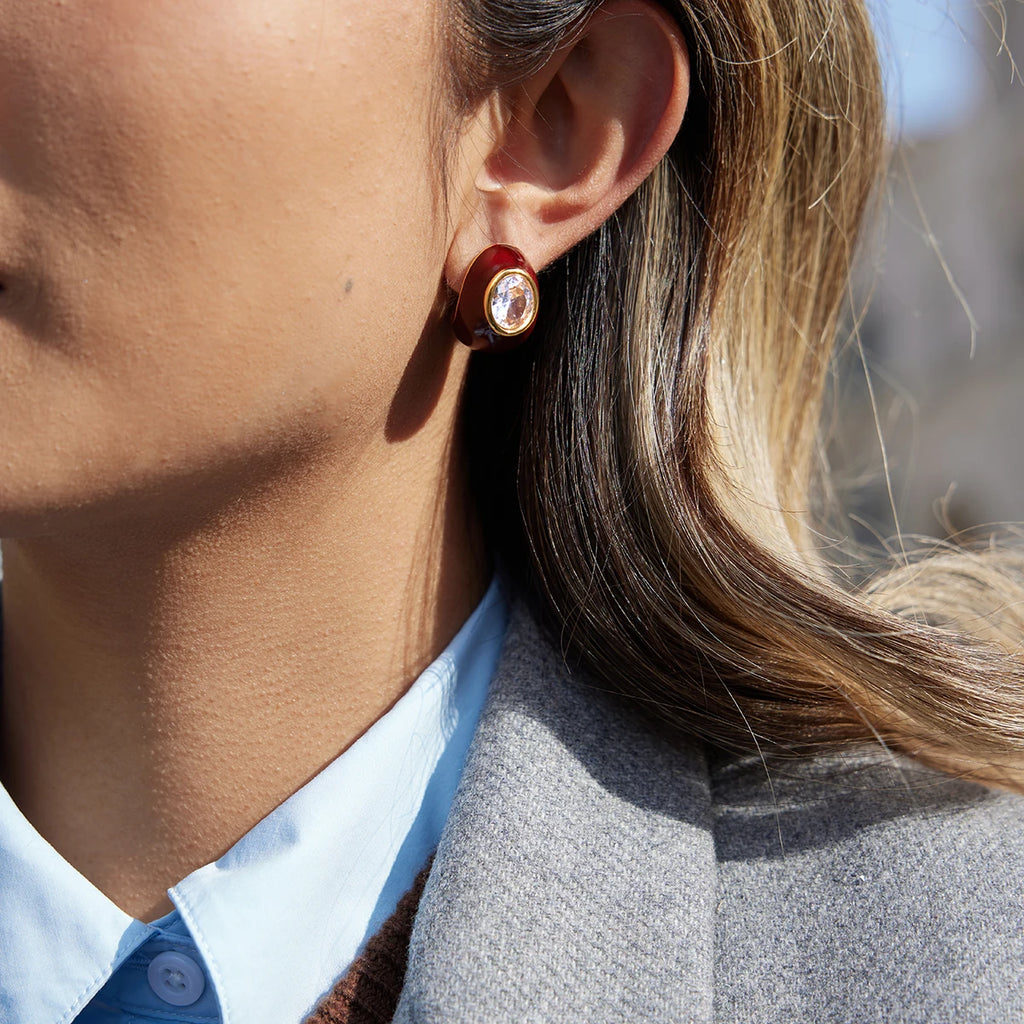 Enamel Oval Zircon Stud Earrings