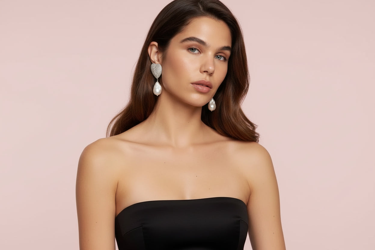 Rhinestone Heart Baroque Pearl Earrings