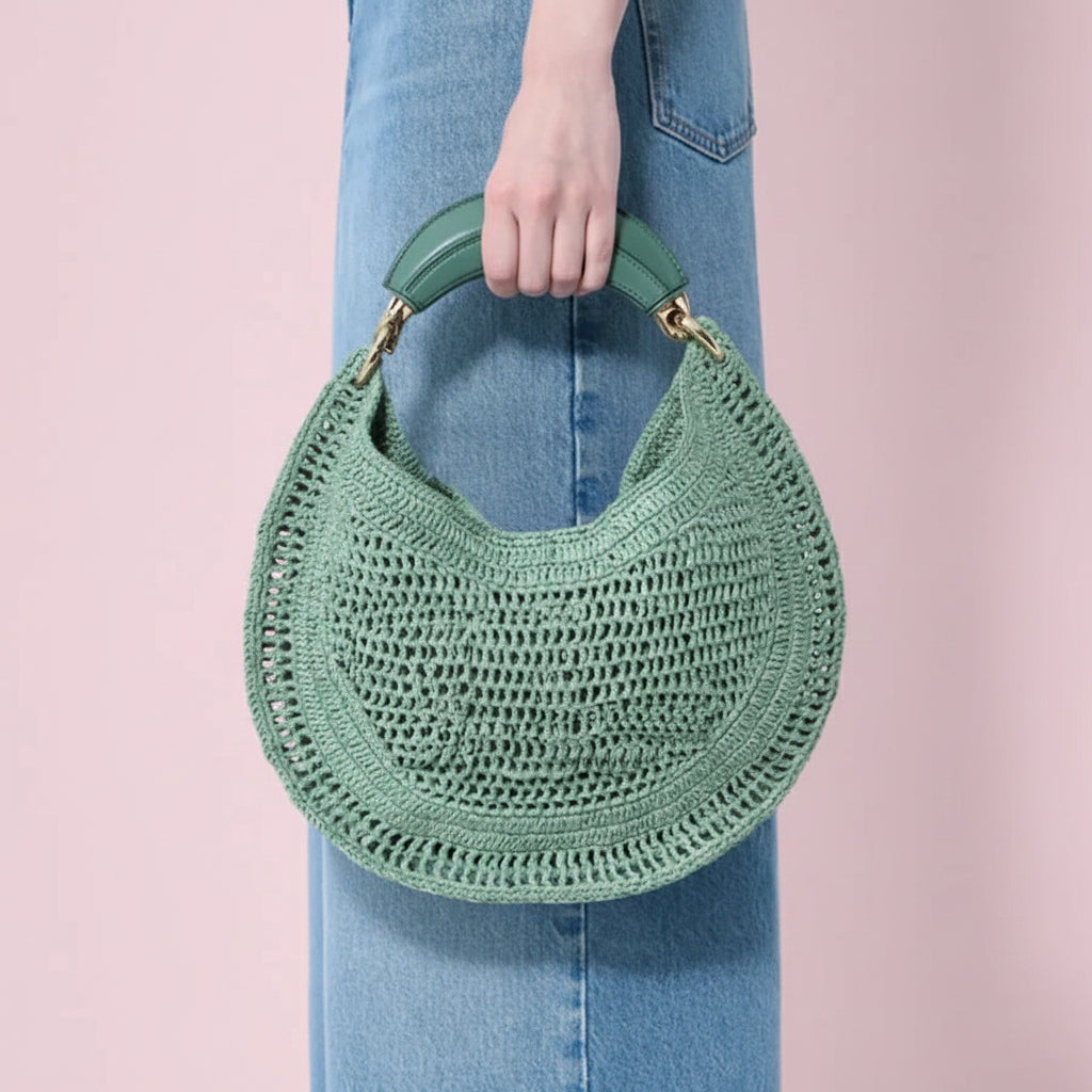 Leather Handle Crochet Hobo Bag