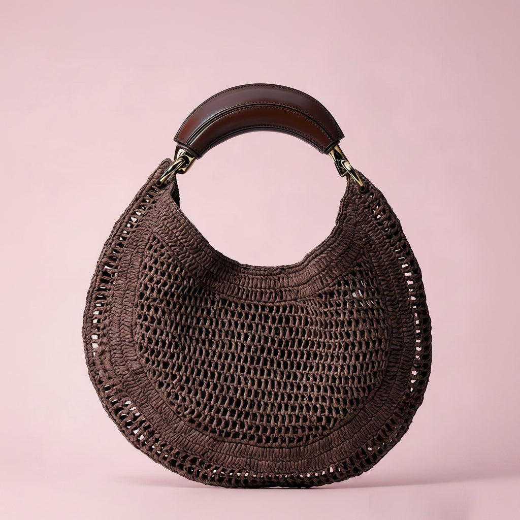 Leather Handle Crochet Hobo Bag