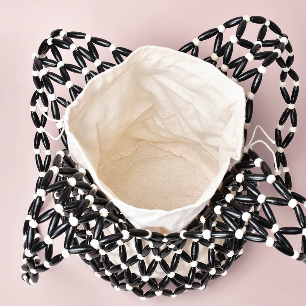 Wooden Beaded Tote Bucket Shoulder Bag