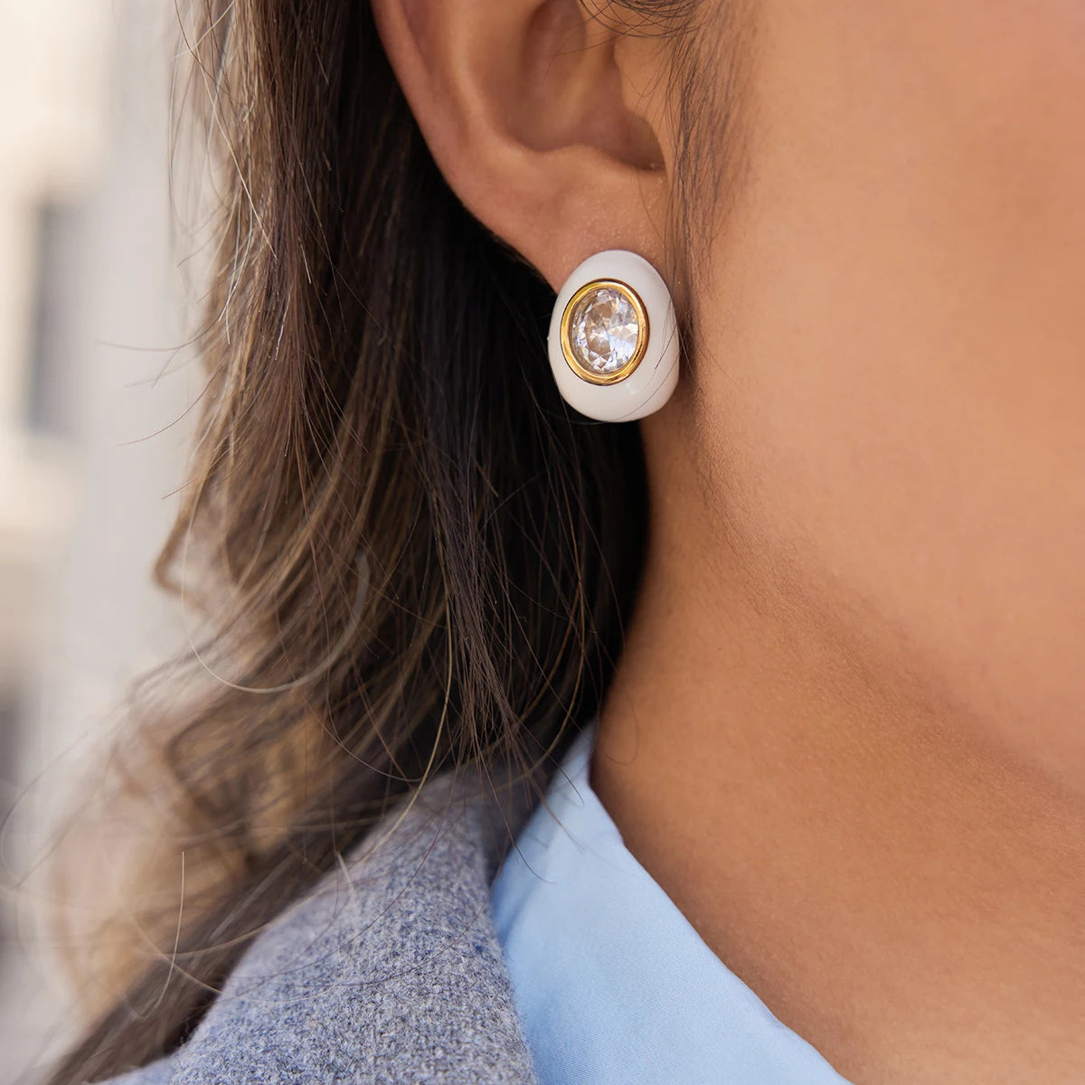 Enamel Oval Zircon Stud Earrings