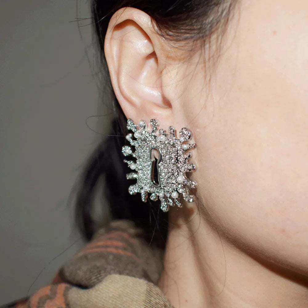 Keylock  Rhinestone Square Earrings