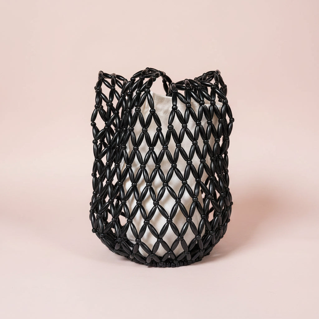 Wooden Beaded Tote Bucket Shoulder Bag