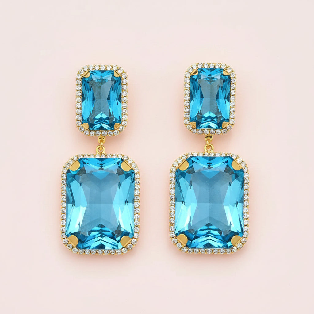 Blue Cube Rhinestone Earrings