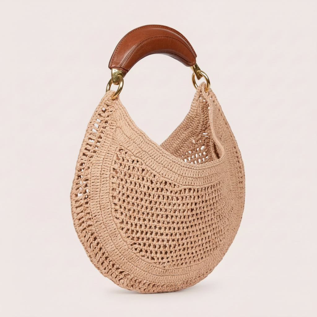 Leather Handle Crochet Hobo Bag