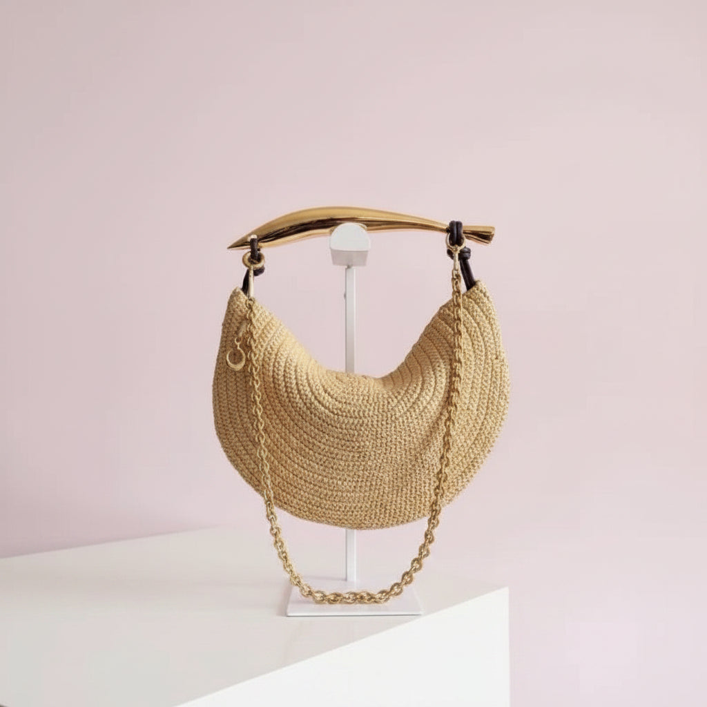 Sculptural Fish Handle Straw Woven Bag