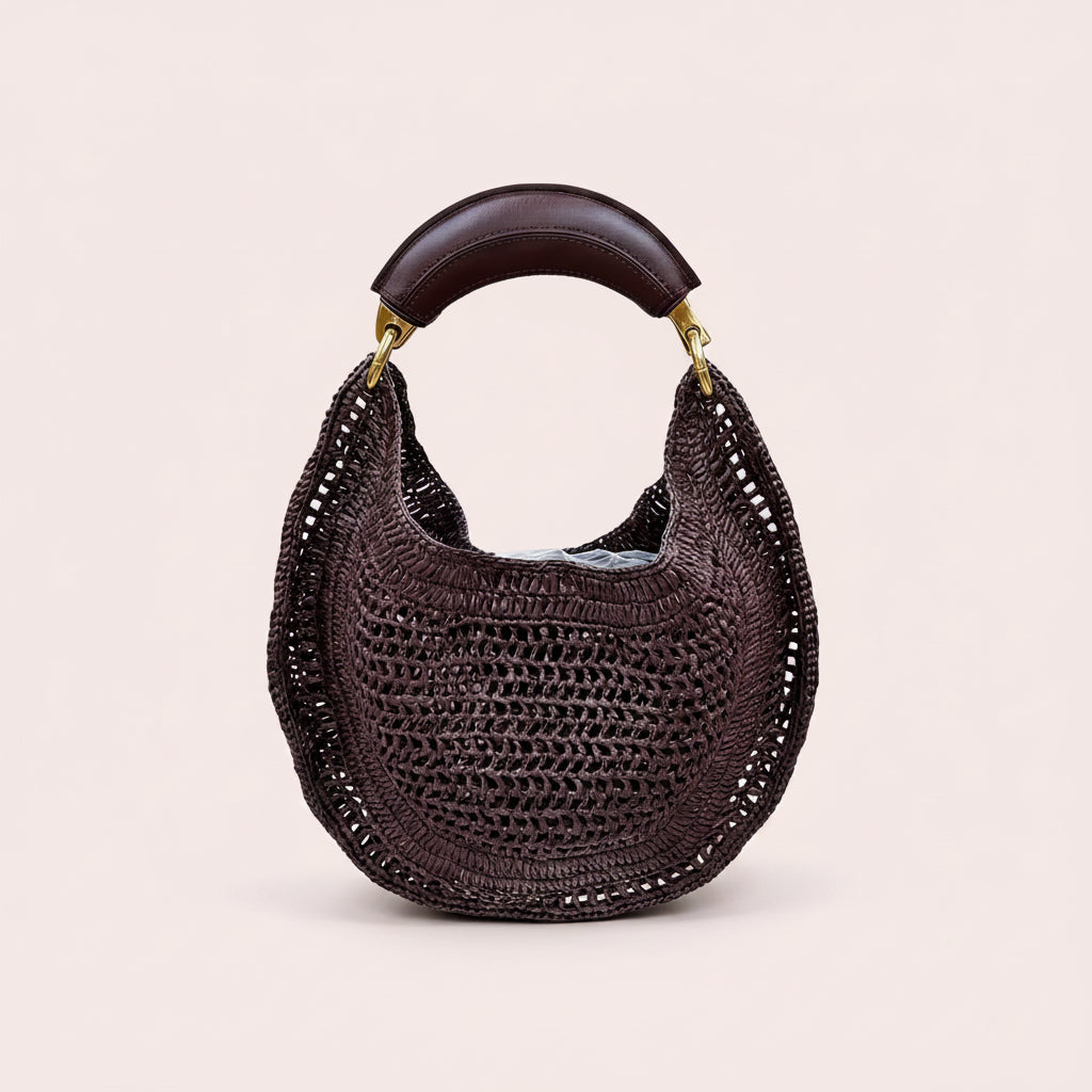 Leather Handle Crochet Hobo Bag