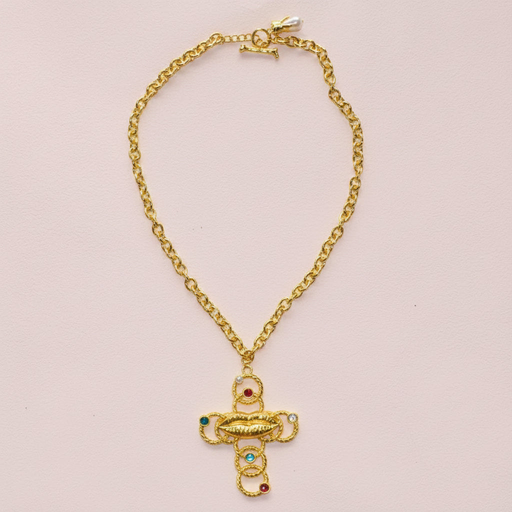 Lips Crystal Cross Necklace