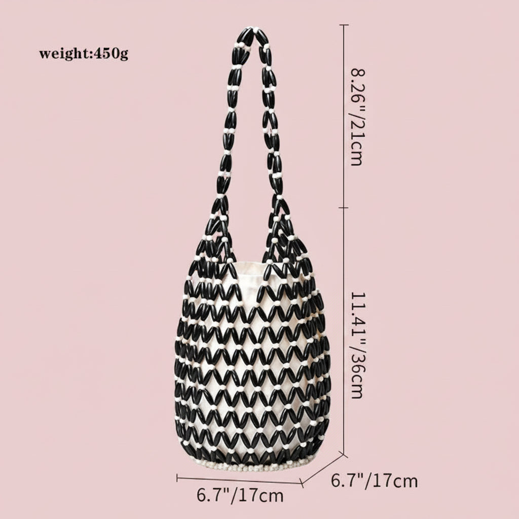 Wooden Beaded Tote Bucket Shoulder Bag