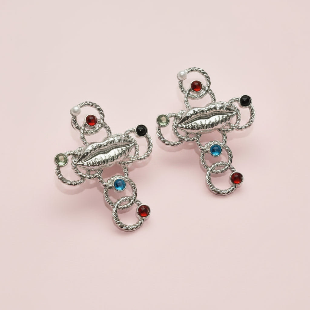 Lips Crystal Cross Earrings