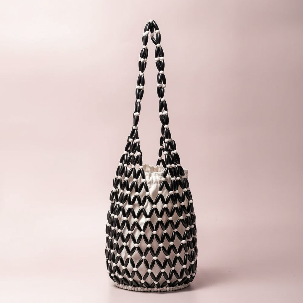 Wooden Beaded Tote Bucket Shoulder Bag