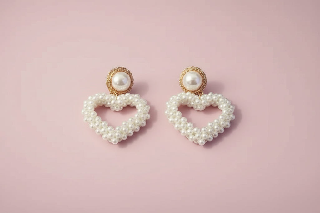 Pearls Heart Pendant Dangle Earrings
