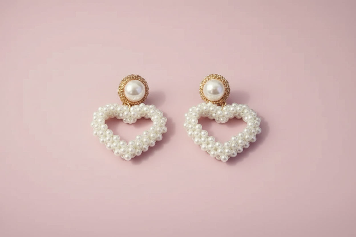 Pearls Heart Pendant Dangle Earrings