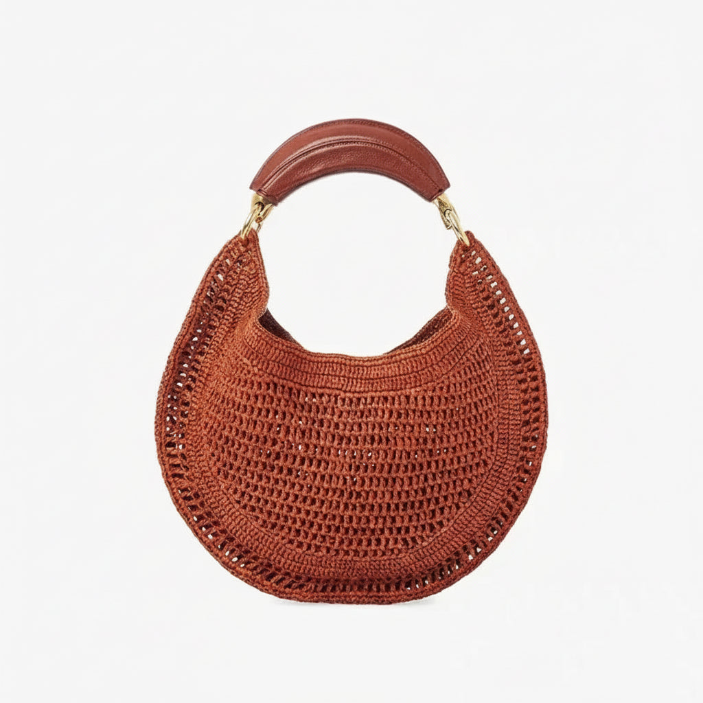 Leather Handle Crochet Hobo Bag