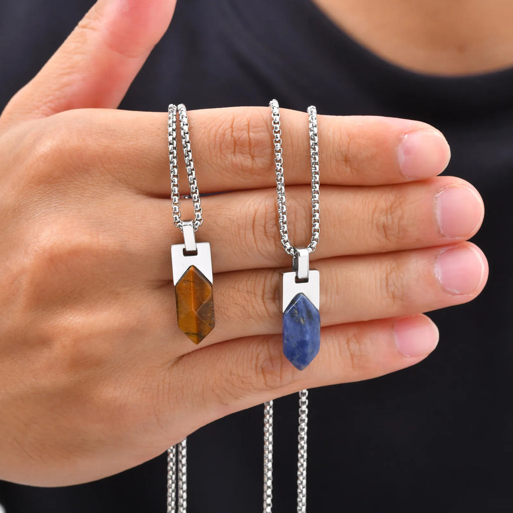 Natural Tiger Eye & Lapis Lazuli Stone Pendant Necklace