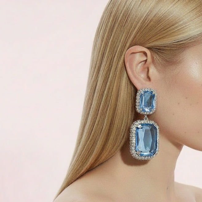 Blue Cube Rhinestone Earrings