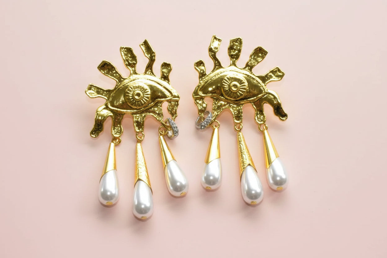 Sun Eye Dangle Pearl Earrings