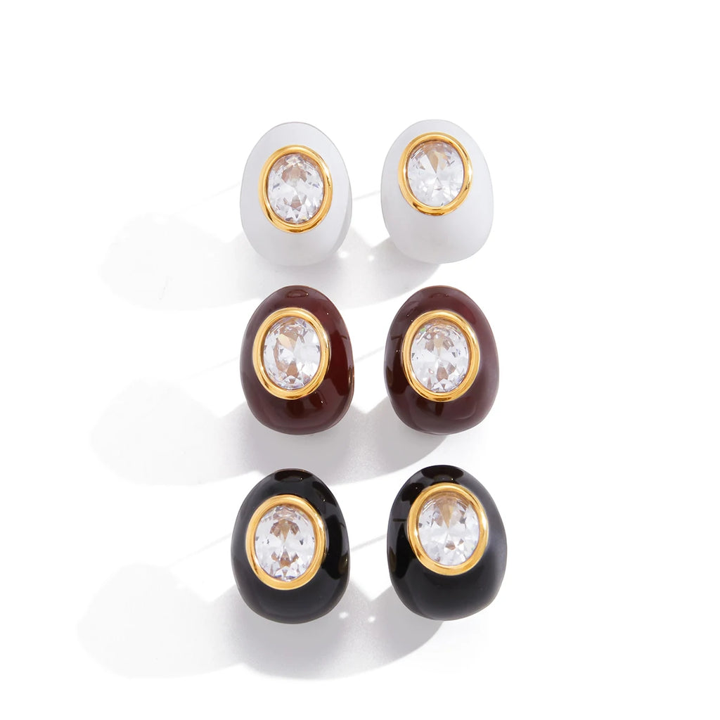 Enamel Oval Zircon Stud Earrings