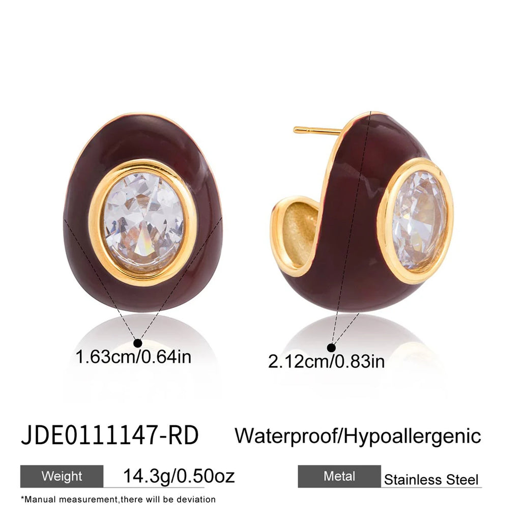 Enamel Oval Zircon Stud Earrings