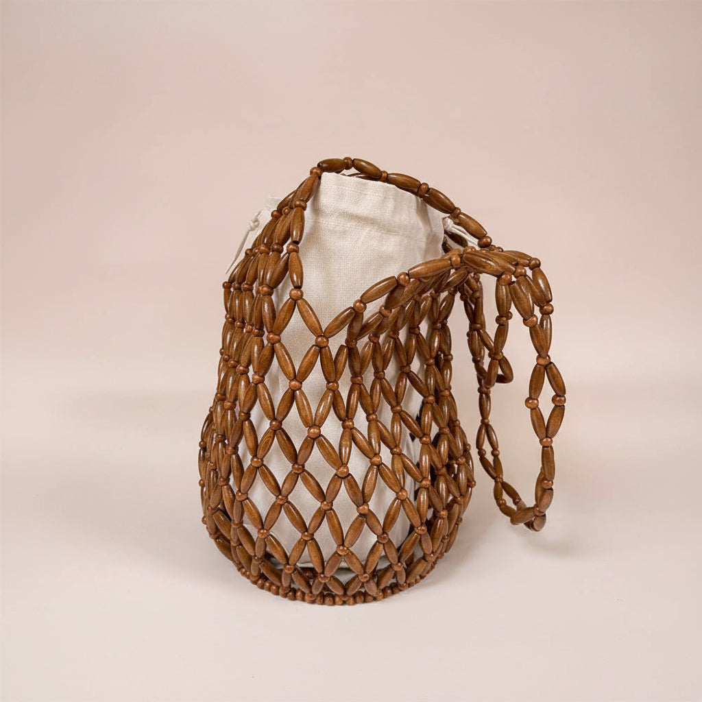 Wooden Beaded Tote Bucket Shoulder Bag