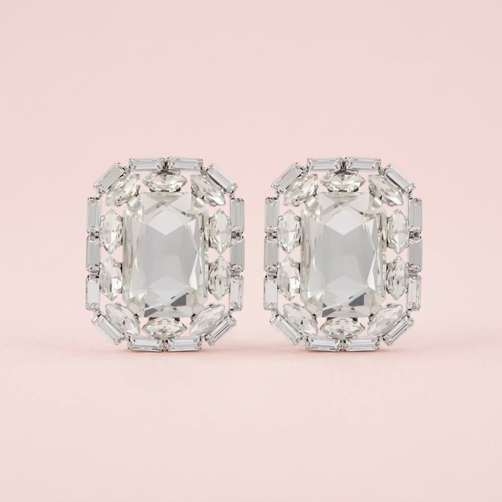 Rhinestone Frame Clip Earrings