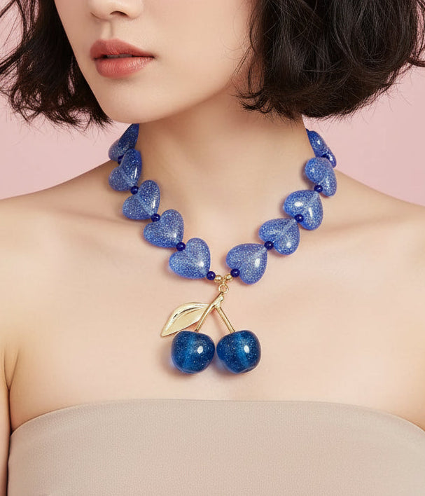 Glass Heart Beaded Cherry Pendant Necklace