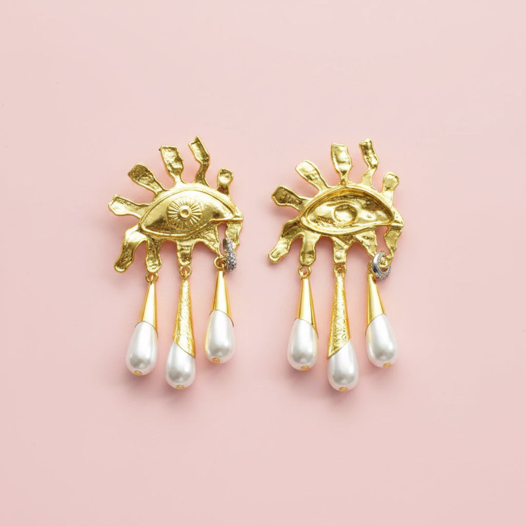Sun Eye Dangle Pearl Earrings