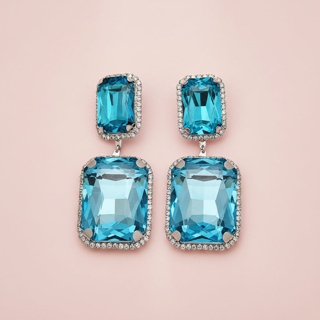 Blue Cube Rhinestone Earrings