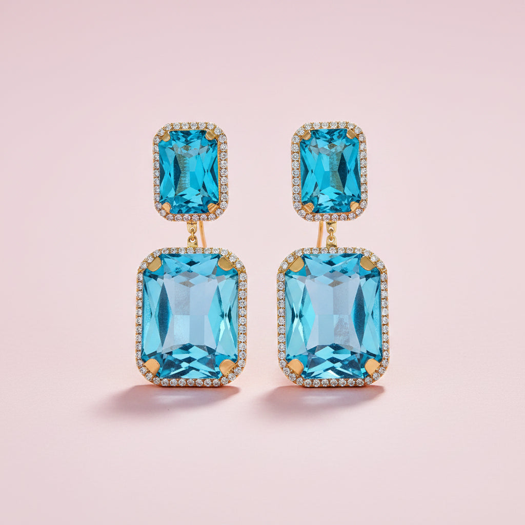 Blue Cube Rhinestone Earrings