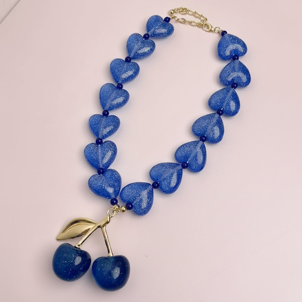 Glass Heart Beaded Cherry Pendant Necklace