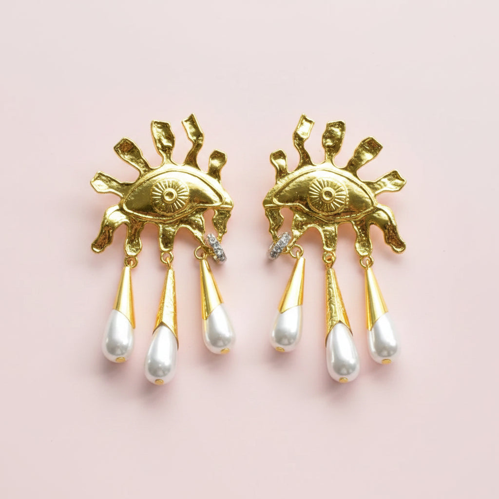 Sun Eye Dangle Pearl Earrings